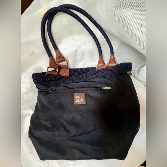 The Sak Cambria Crocheted Large Double Strap Zip Top Tote Navy Woven Ribbon - Picture 4 of 10